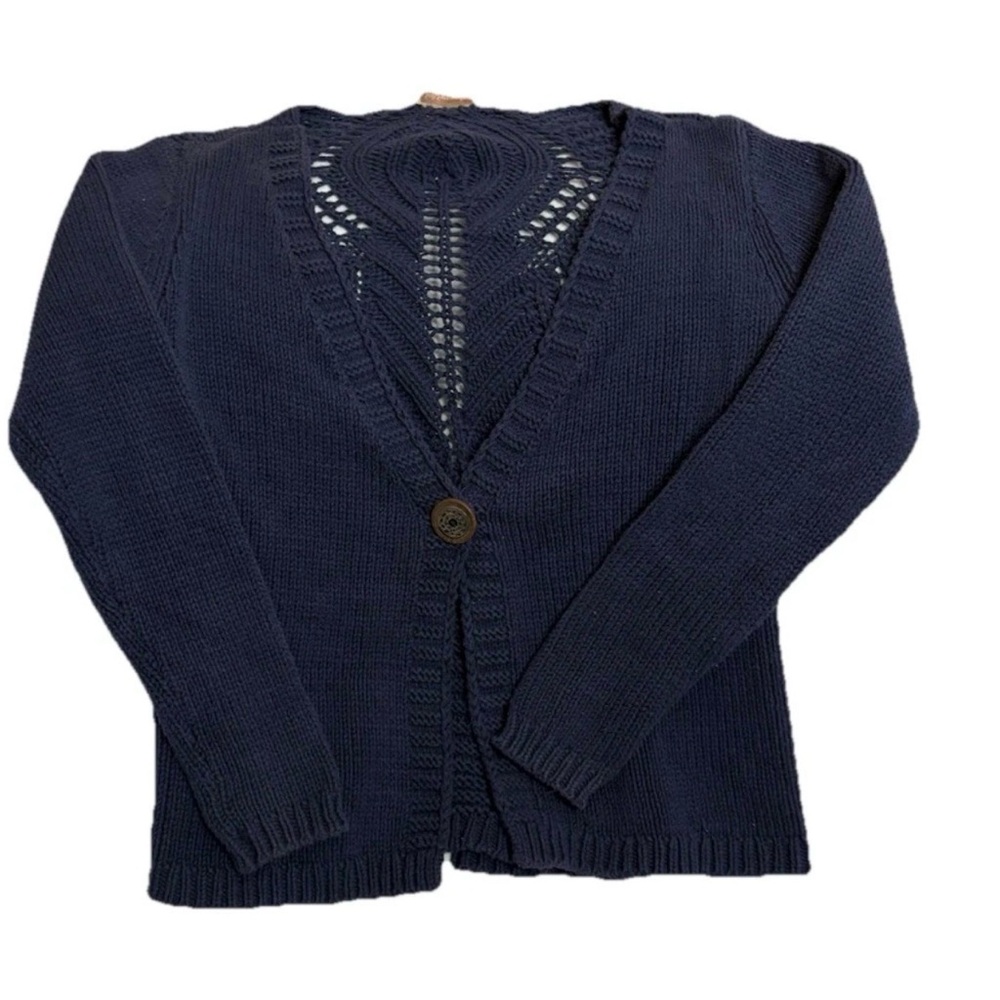 Soft Surroundings MCardigan Sweater Knit Crochete Back Button Navy Blue Boho